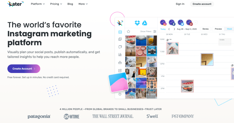 Main page for social media marketing scheduler Later